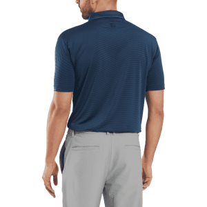 A men's navy polo shirt with short sleeves and a collar, featuring a logo on the back.