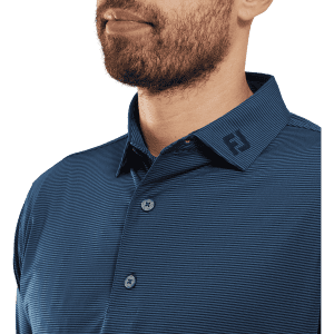 A men's blue striped polo shirt with a collar and a logo on the collar.