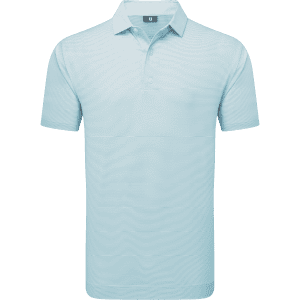 A light blue men's polo shirt with a striped design and a collar, featuring a logo at the neckline.