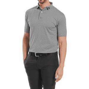 A men's grey polo shirt made from stretch pique lisle fabric, featuring a logo on the collar.
