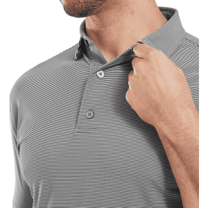 A men's polo shirt in grey with micro feeder stripes, featuring a collar and two buttons. It has a branding logo.