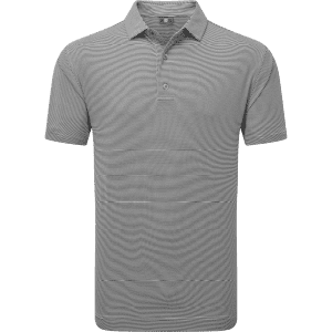 A men's grey polo shirt with a striped pattern and a collar, featuring a logo on the chest.