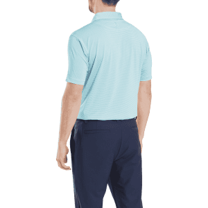 A men's short-sleeve polo shirt in light blue, featuring a subtle strip and a collar, with a dark background.