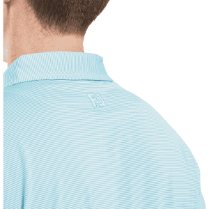 A light blue men's polo shirt with a striped pattern and a small logo on the back collar.