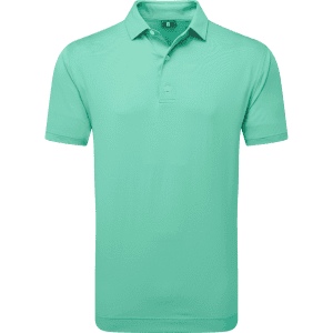 A men's polo shirt in a light mint green colour with a collar and short sleeves. It features branding.