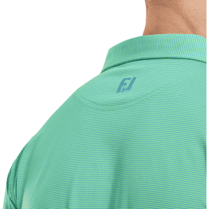 A green men's polo shirt featuring micro feeder stripe patterns and a logo on the collar.