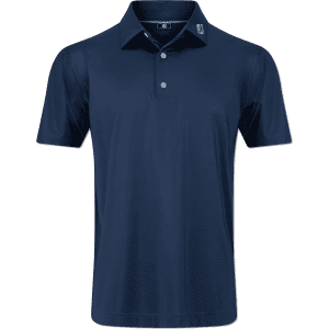 A navy blue men's polo shirt with a collared neck and a logo on the shoulder.