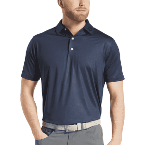 A men's polo shirt in navy blue with a collar, buttons, and a fitted design, featuring a logo.