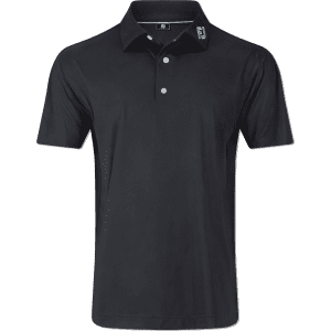 A black polo shirt with a three-button placket and a collar, featuring a branding logo on the neckline.