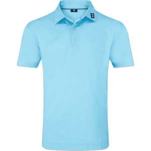 A light blue polo shirt with a collar and a logo on the neck. Features tonal dot print design.