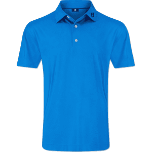 A men's short-sleeve polo shirt in bright blue with a collar and a logo on the chest.