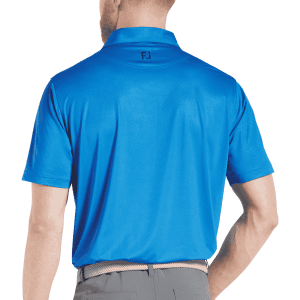 A blue men's polo shirt with a collar and a logo on the back. Features a smooth fabric design.