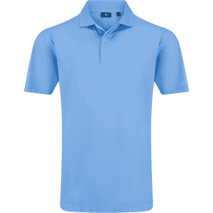 A blue men's polo shirt featuring a classic collar and short sleeves, with a logo on the chest.