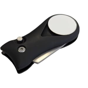 A black flick fork pitch repairer with a 25mm ball marker attached, featuring a sleek design.