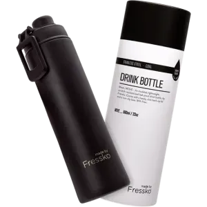 A drink bottle in black with a stainless steel finish and a rounded lid. Features a logo.