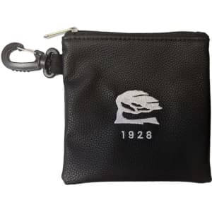 A black drawstring pouch with a clip, featuring a logo and a textured surface for holding valuables.