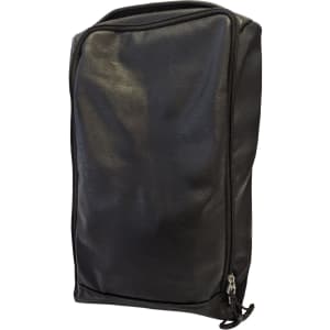 A black premium PU leather shoe bag with a zip closure and a logo. Suitable for travel or corporate gifts.