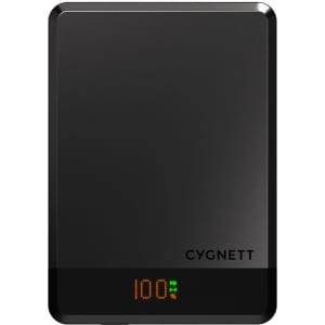 A black Cygnett MAGSLIM Magnetic Wireless Power Bank with a digital display showing battery percentage.
