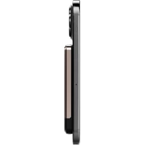 A thin, rectangular magnetic wireless power bank in black and gold, positioned beside a smartphone to show thickness.