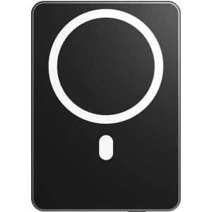 A black magnetic wireless power bank featuring a circular design and a small indicator. It includes a logo.