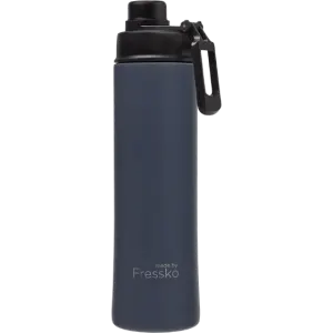 A drink bottle in navy blue with a black cap and a logo. Contains a carabiner for attachment.
