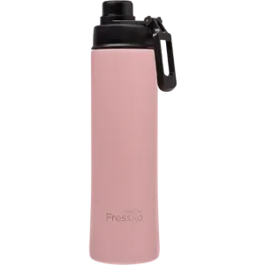 A drink bottle made of stainless steel, featuring a pink exterior and a black lid with a logo.