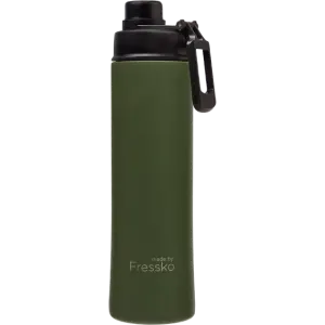 A drink bottle in olive green stainless steel with a black lid and a carry handle. Features a logo on the side.