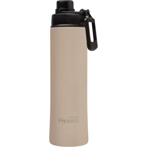A drink bottle in matte beige with a black lid and a removable carrying handle; it features a logo.