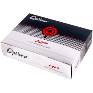 A box of Optima HP golf balls in black and white packaging, featuring a logo and a target design.