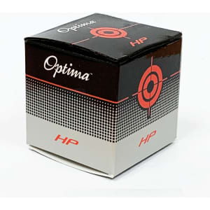 A black and grey box containing Optima HP Golf Balls, featuring a logo and red target design.