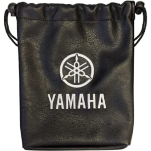 A black drawstring pouch with a logo, ideal for storing valuables. Features a cinched top closure.