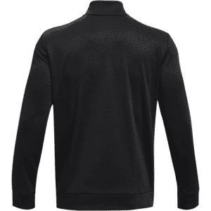 A black fleece 1/4 zip jacket for men, featuring a simple design and a collar at the neckline. It has a logo.