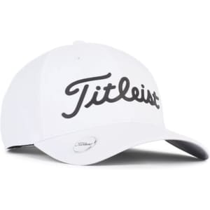 A white golf cap with a branded logo, featuring a black script design on the front.