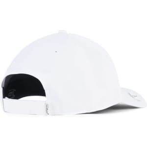 A white golf cap featuring a branded logo on the side and an adjustable strap at the back.