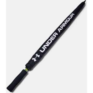 A black golf umbrella with a black handle, featuring a logo.