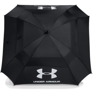 A black golf umbrella with a large canopy and a logo, designed for durability and coverage.