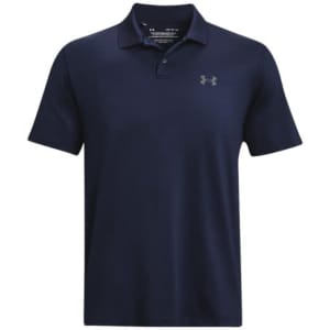 A navy polo shirt with a collar and short sleeves featuring a logo on the left chest area.