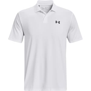 A white men's polo shirt featuring a small black logo on the chest.