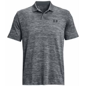 A grey striped men's polo shirt with a collar and a small logo on the chest.