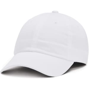A white adjustable cap with a curved brim and ventilation holes, featuring a branding logo.