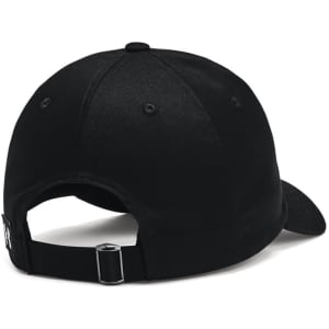 A black adjustable cap with a curved peak and a rear strap. It features a branding logo on the side.