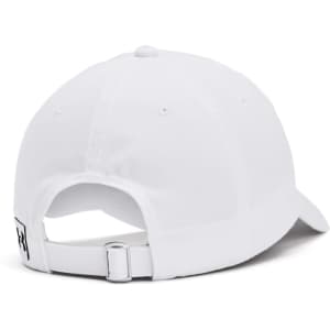 A white adjustable cap with a curved brim and a strap closure at the back, featuring a logo.