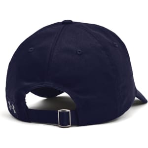 A navy adjustable cap featuring a rear buckle and logo. Ideal for casual wear and outdoor activities.
