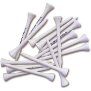 A collection of white wooden golf tees, each measuring 70mm, arranged neatly in a pile.
