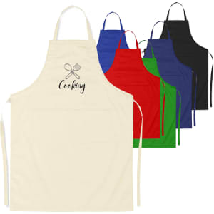Cotton aprons in cream, red, green, blue, and black, featuring a logo and a pocket at the front.