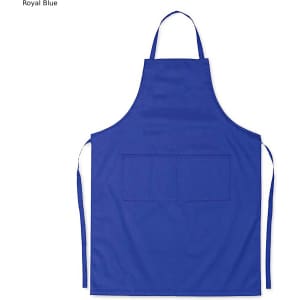 A royal blue cotton apron with a front pocket and ties for fastening. It features a logo.