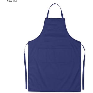 A navy blue cotton apron featuring a front pocket and ties at the neck and waist, with a logo.