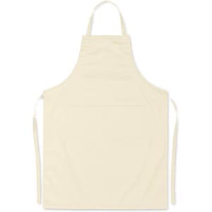 A cream cotton apron featuring a pocket and adjustable straps, designed for workwear use.
