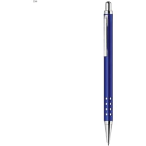 A blue metal pen with a sleek design, a silver clip, and decorative holes on the barrel.