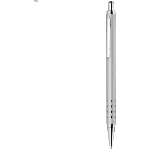 A sleek silver metal pen featuring a modern design and a clip, with decorative perforations on the grip.